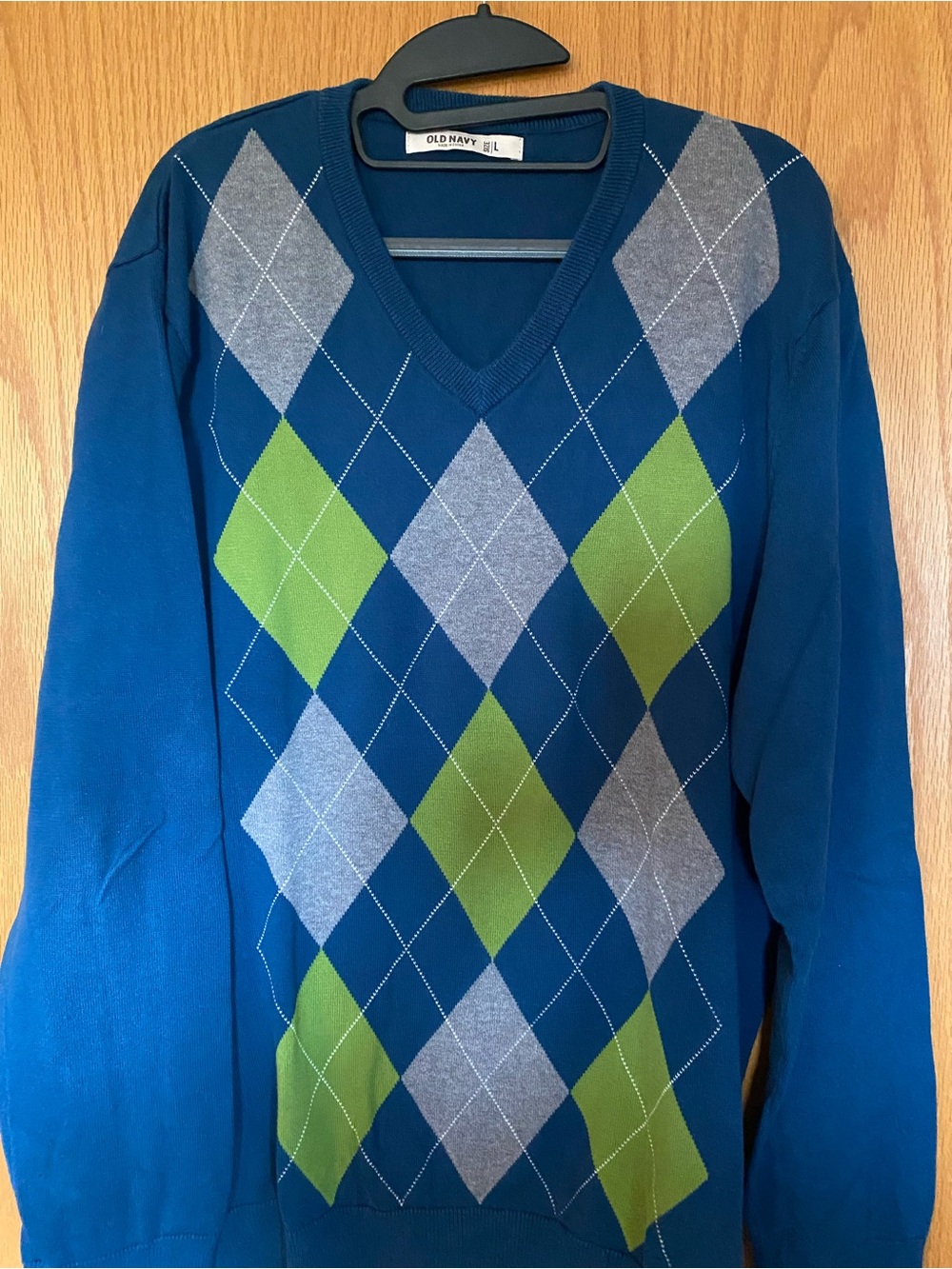 Old Navy Blue V-Neck Argyle Sweater with Green and Gray Diamonds